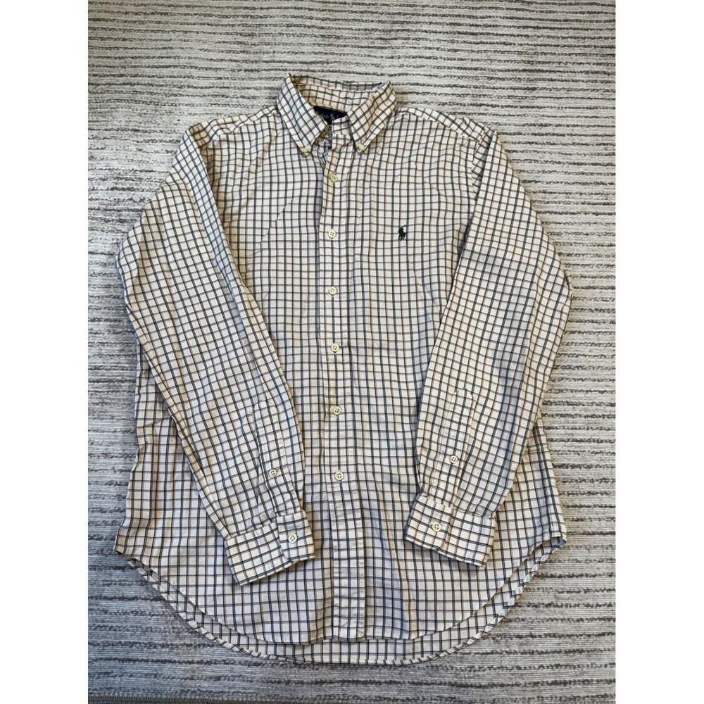 Ralph Lauren Mens Classic Fit Button Down Shirt Medium Cream Navy Tan Check